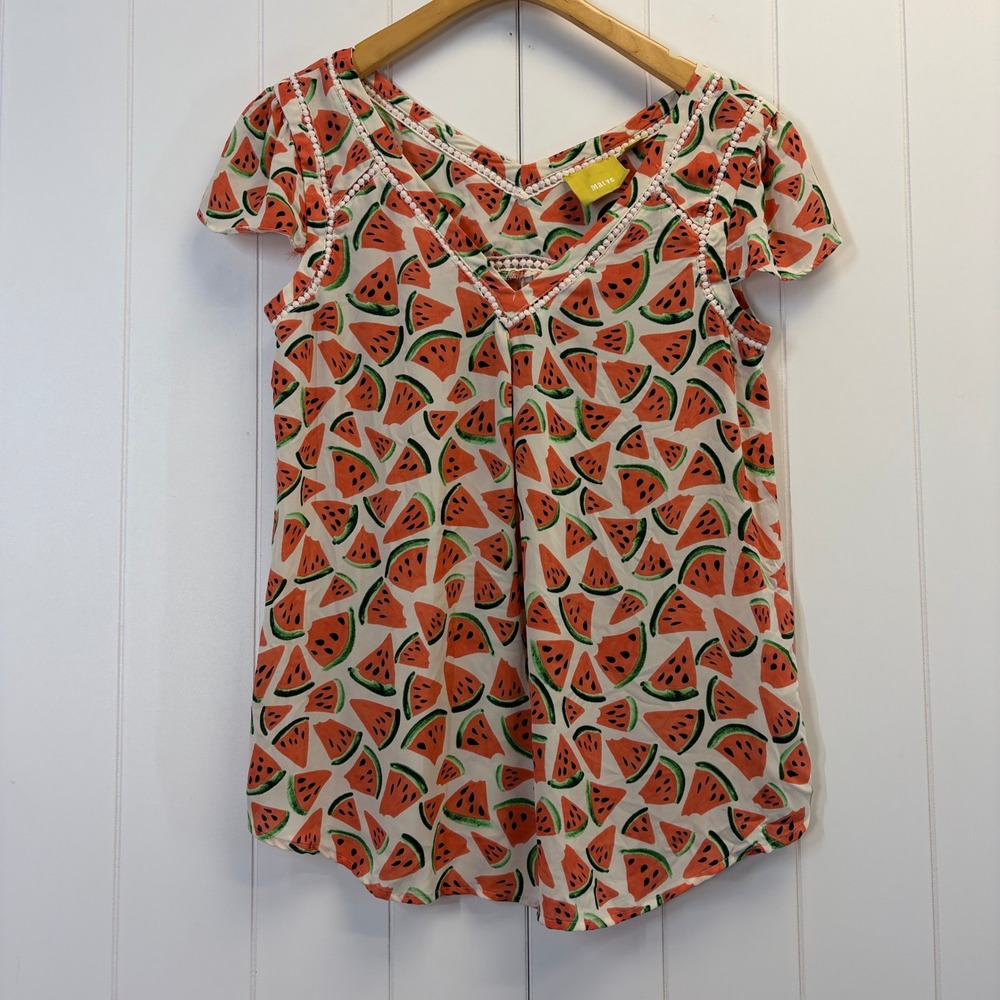 Anthropologie Maeve Watermelon Pom Pom Trim Print Top Women Size 6 Whimsical